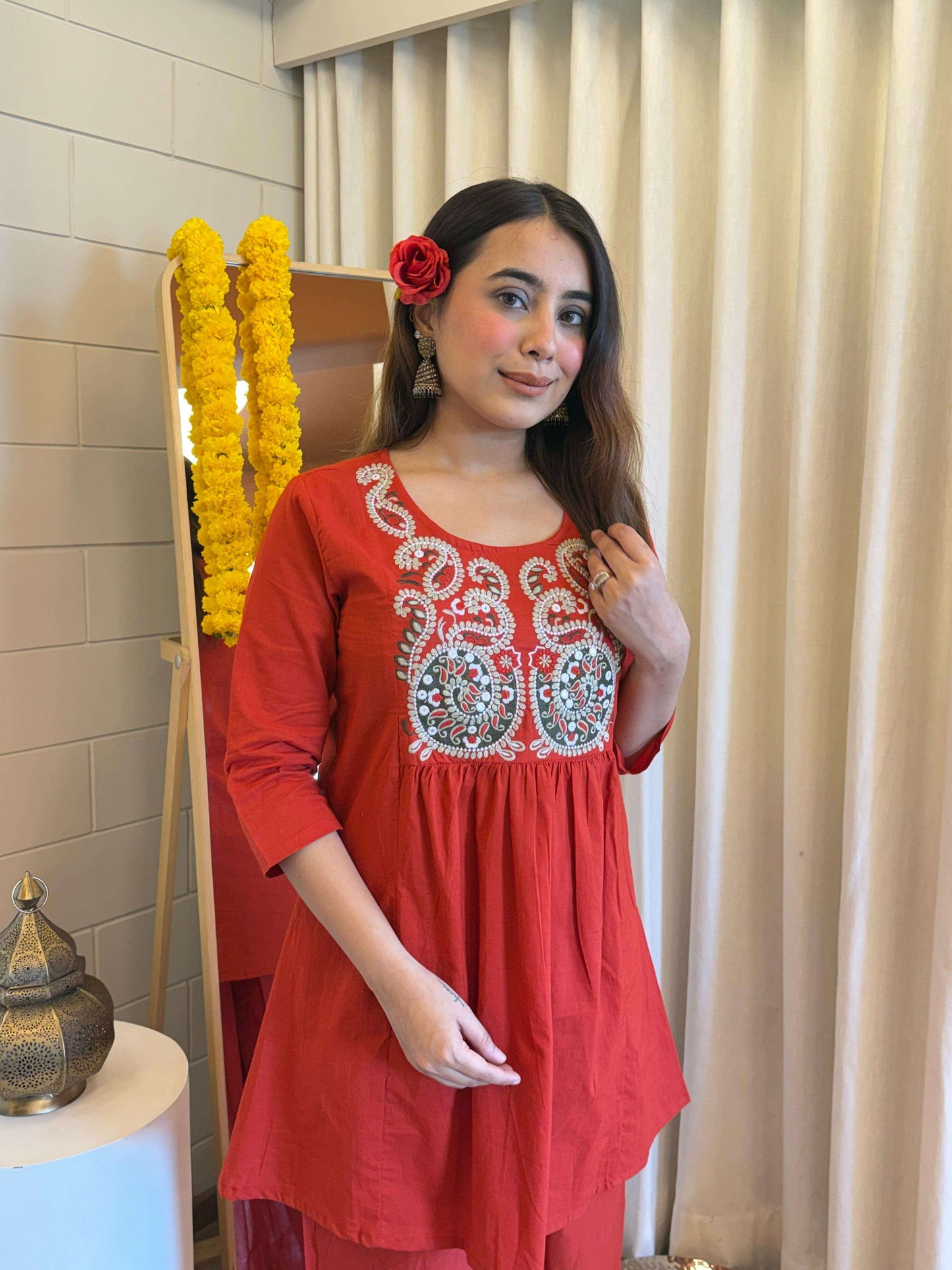 Orange Pure Cotton Short Kurta and Palazzo Set