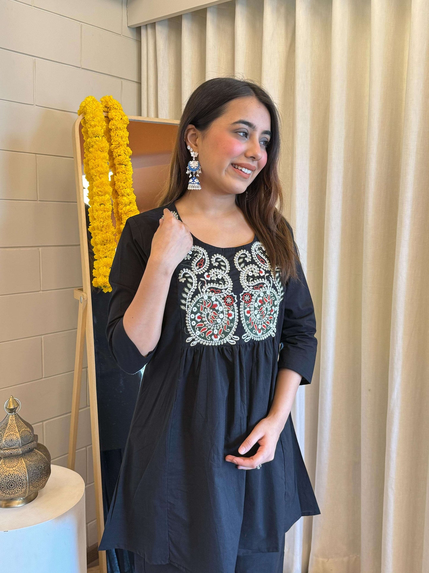 Black Pure Cotton Short Kurta and Palazzo Set