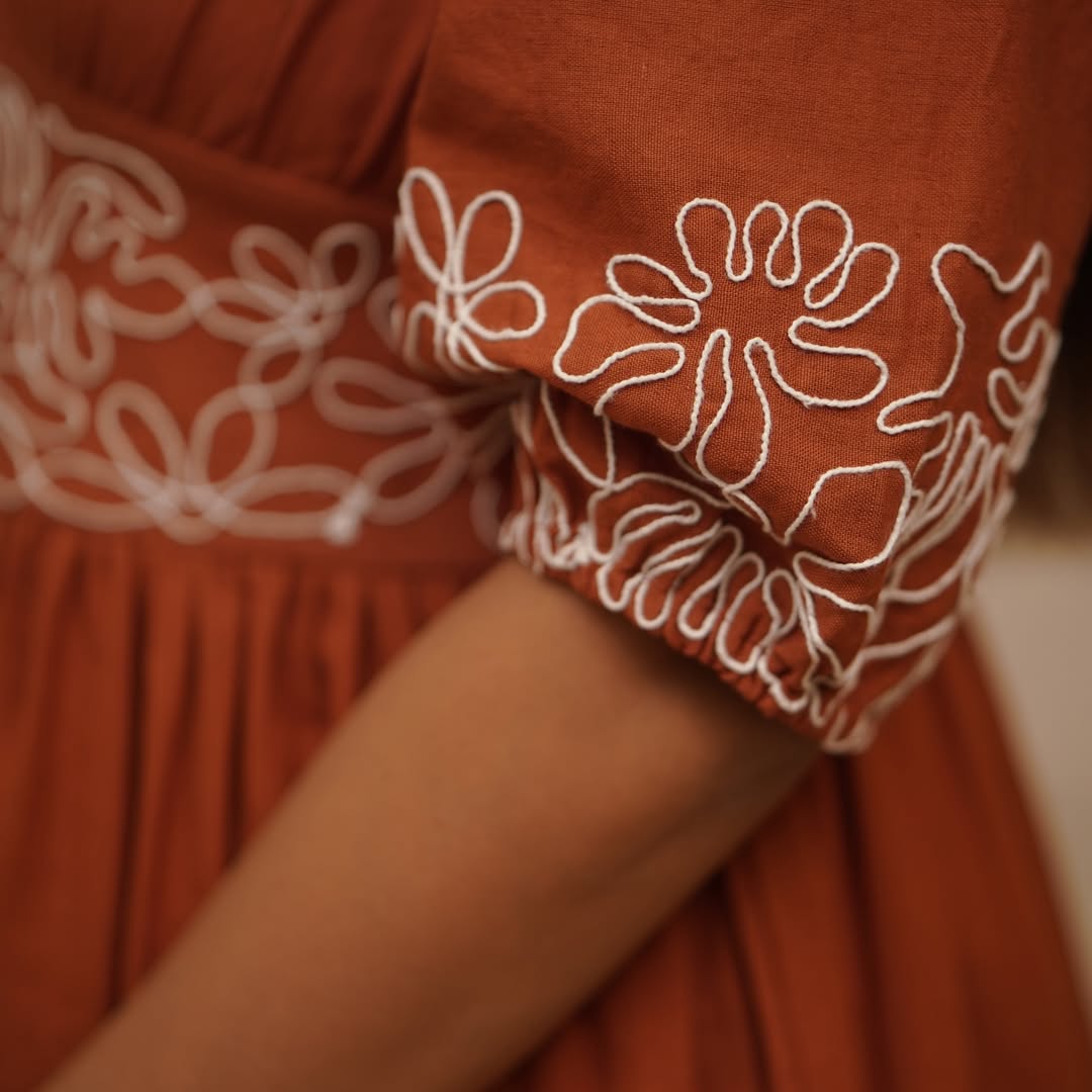 Brown Pure Cotton Gown Style Dress with Embroidery