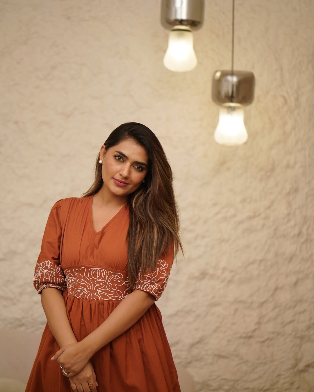 Brown Pure Cotton Gown Style Dress with Embroidery