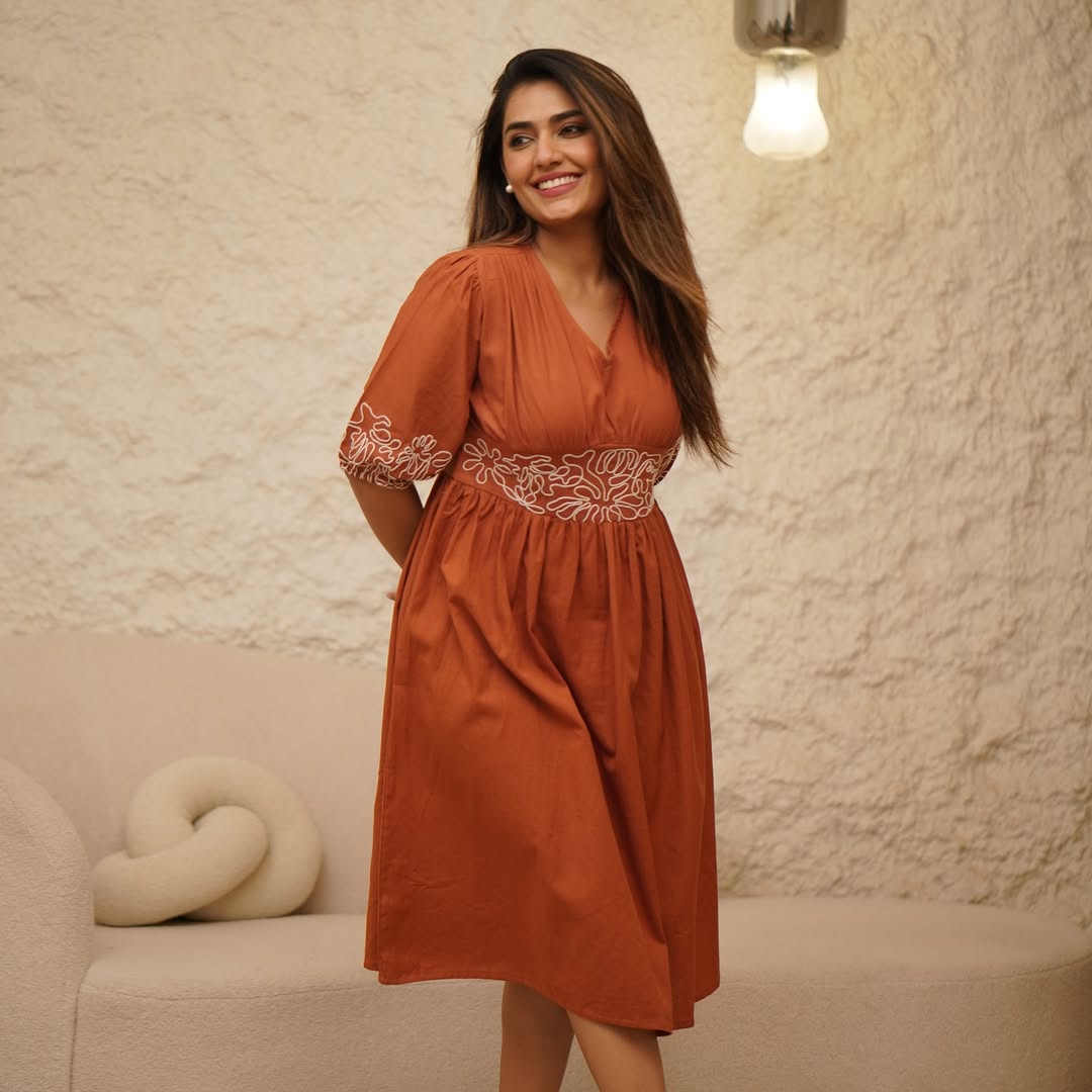 Brown Pure Cotton Gown Style Dress with Embroidery