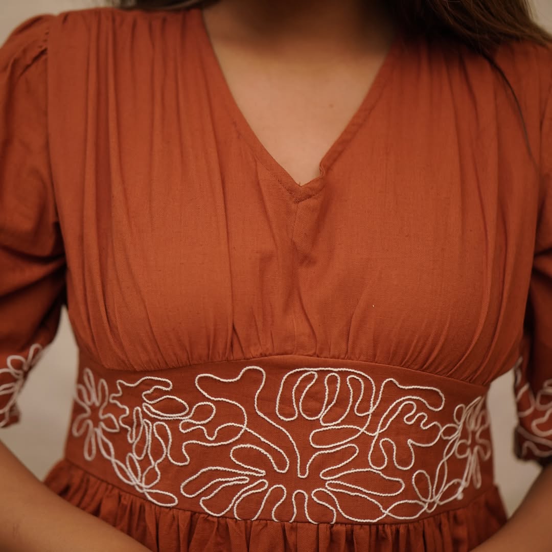 Brown Pure Cotton Gown Style Dress with Embroidery