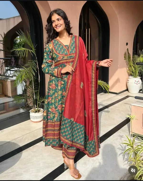 Kalamkari Print Anarkali Suit Set with Dupatta