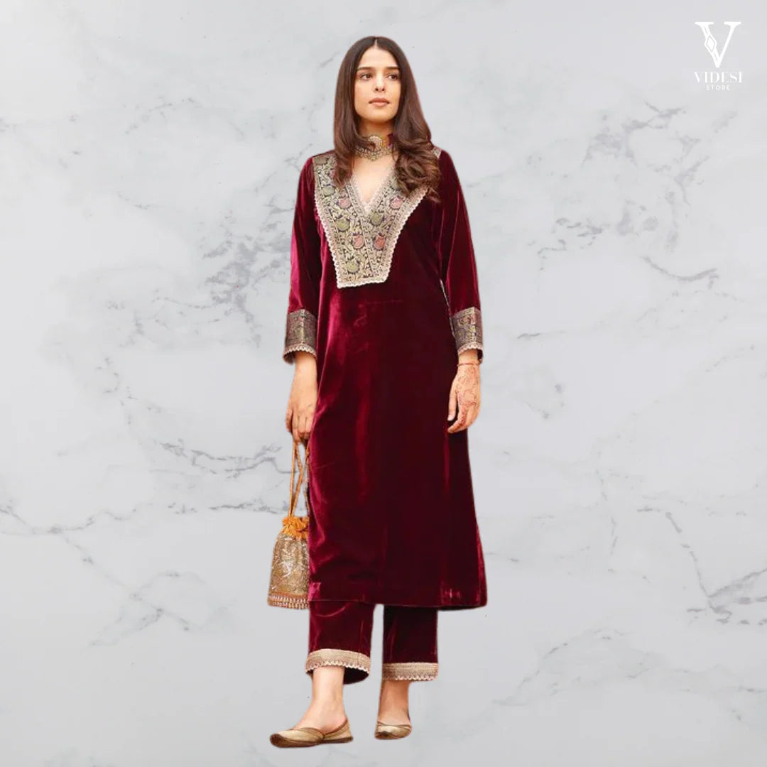 Josephine Modern Velvet With Jacquard Lace Work Suit Set