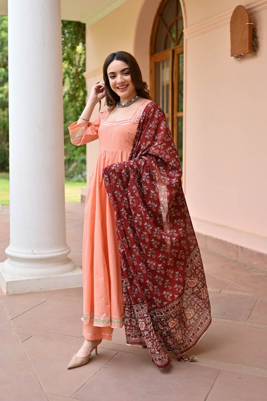 Peach Anarkali Kurta Set with printed Dupatta