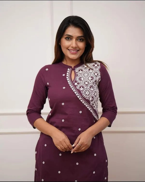 MAROON EMBROIDERED COTTON STRAIGHT KURTA SET