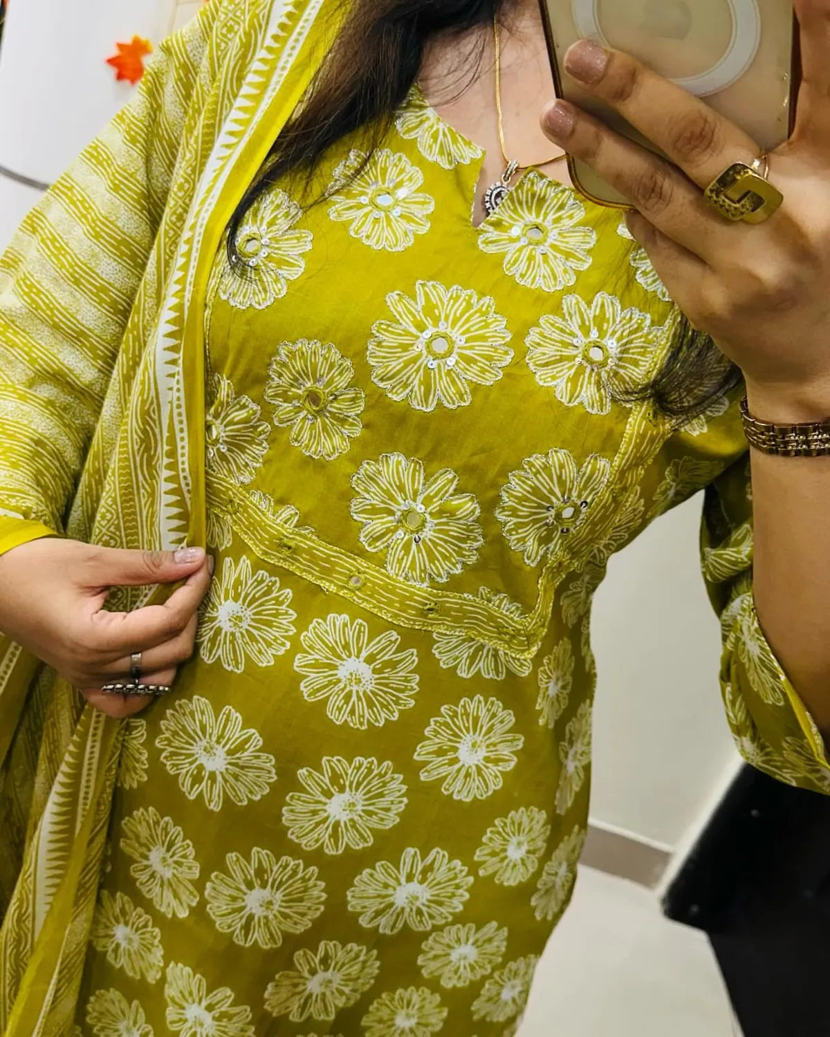 Mustard Yellow Floral Cotton Suit Set with Printed Dupatta