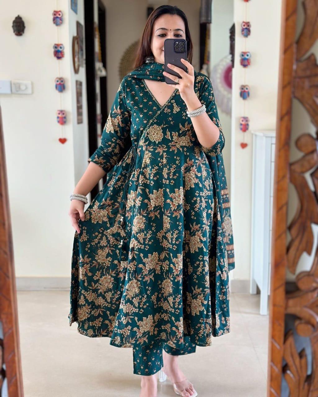 Anarkali Kurta Set With Angrakha Style For Women(GREEN)
