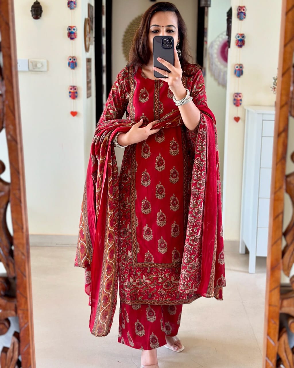 Pure Cotton Women Kurta, Pant And Dupatta Set (Maroon )