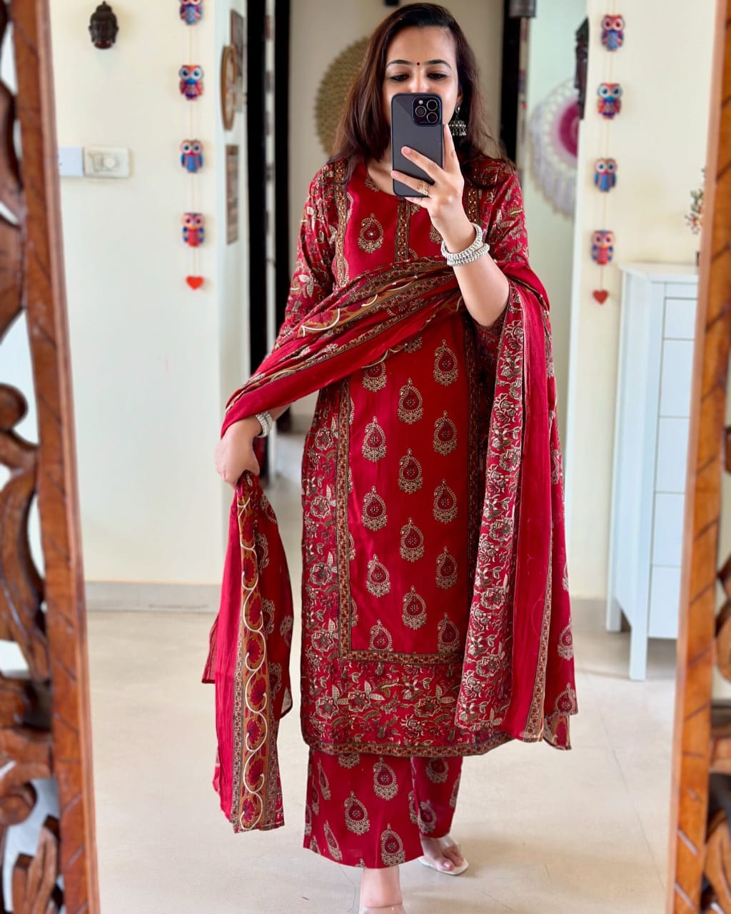 Pure Cotton Women Kurta, Pant And Dupatta Set (Maroon )