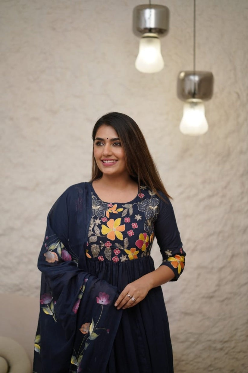 Dark Blue Embroidery and Sequin Work Kurta Set