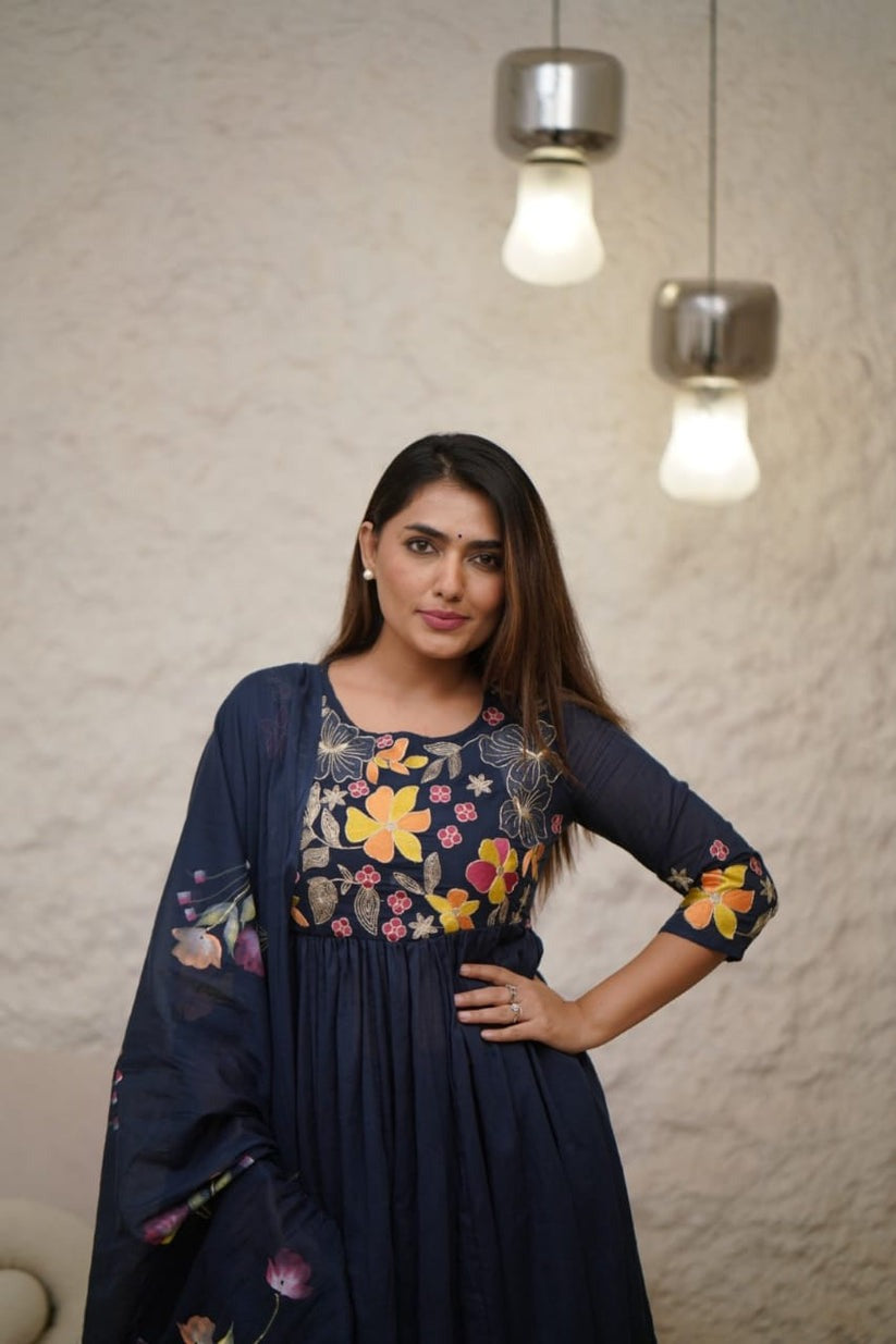 Dark Blue Embroidery and Sequin Work Kurta Set