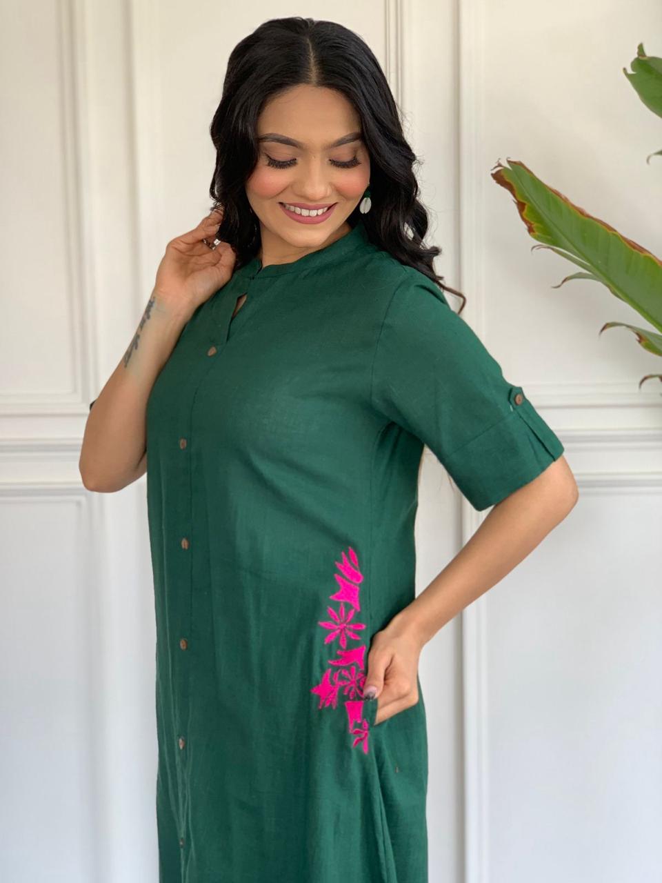 Green Cotton A-Line Kurti With Pallazo Set For Women