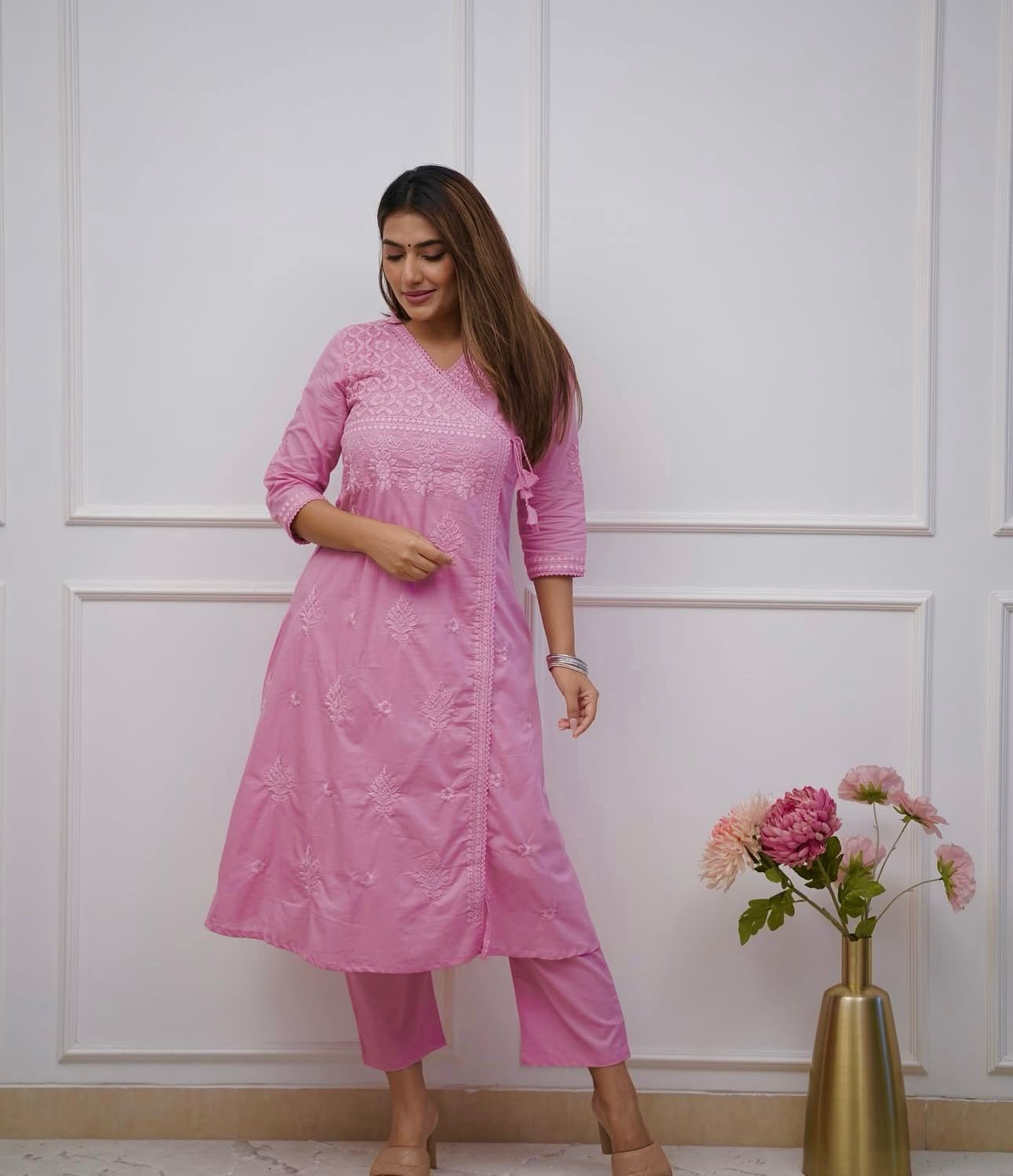 Pink Cotton Chikankari Angrakha Style Kurta and Pant Set