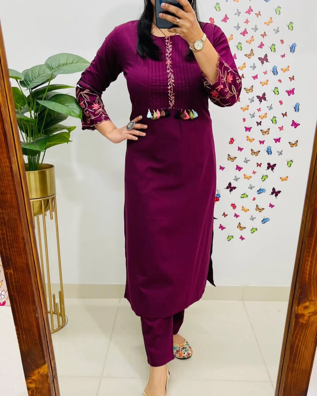 Pure Cotton Embroidery Work Kurta With Pant (Maroon)