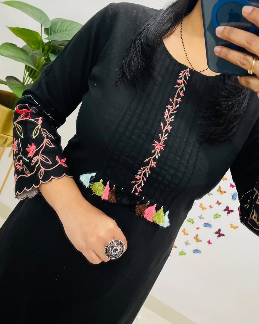 Pure Cotton Embroidery Work Kurta With Pant (Black)