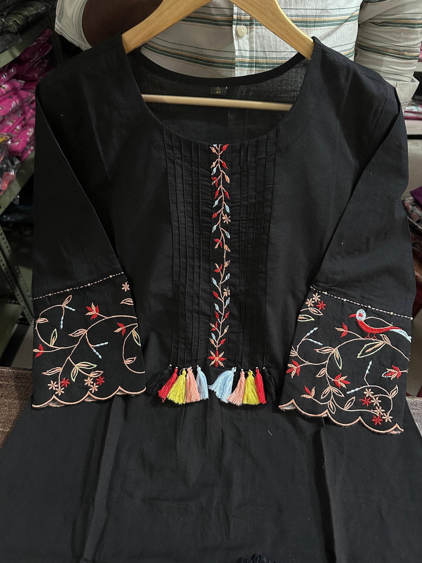 Pure Cotton Embroidery Work Kurta With Pant (Black)