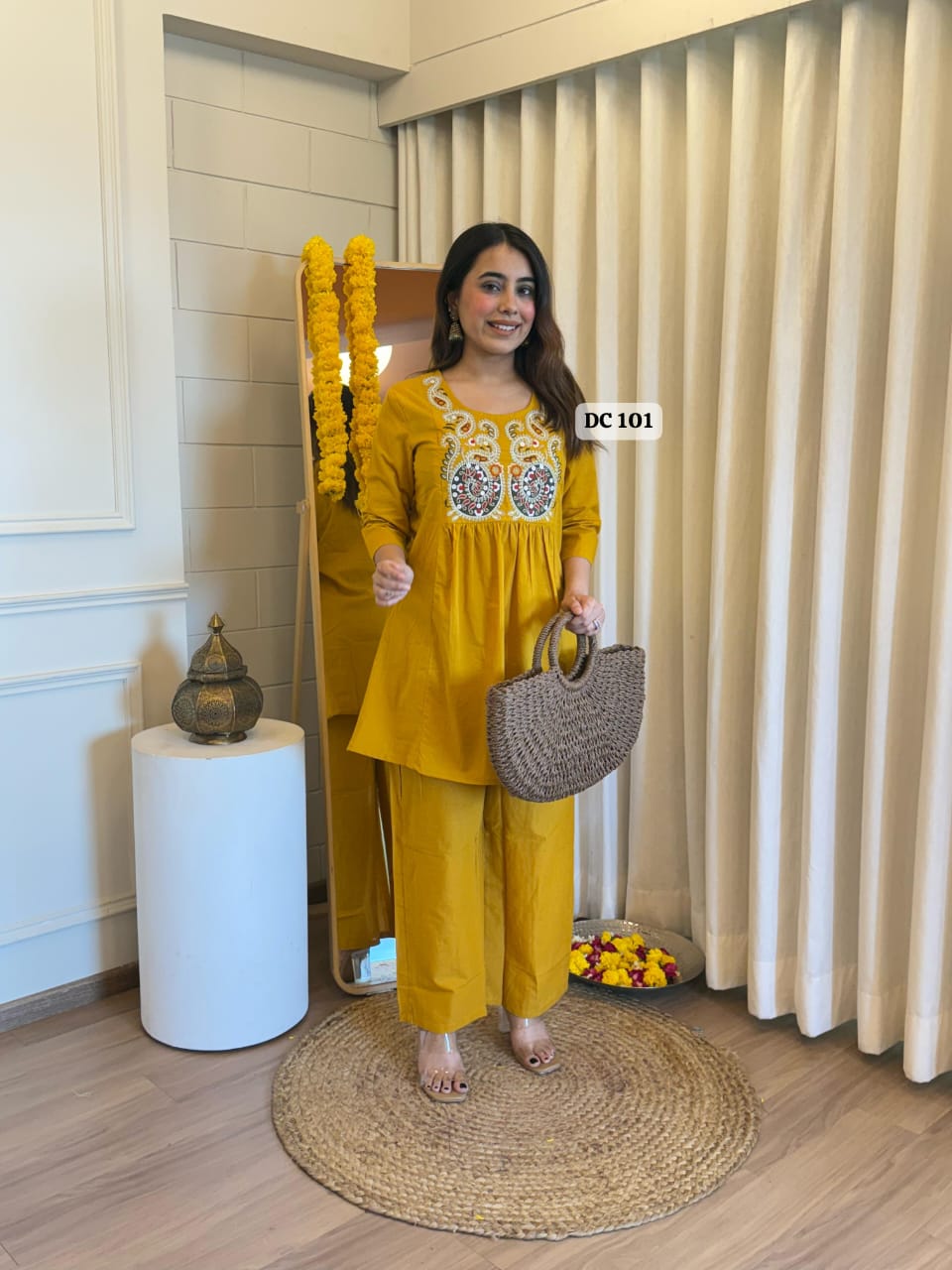 Yellow Pure Cotton Short Kurta and Palazzo Set