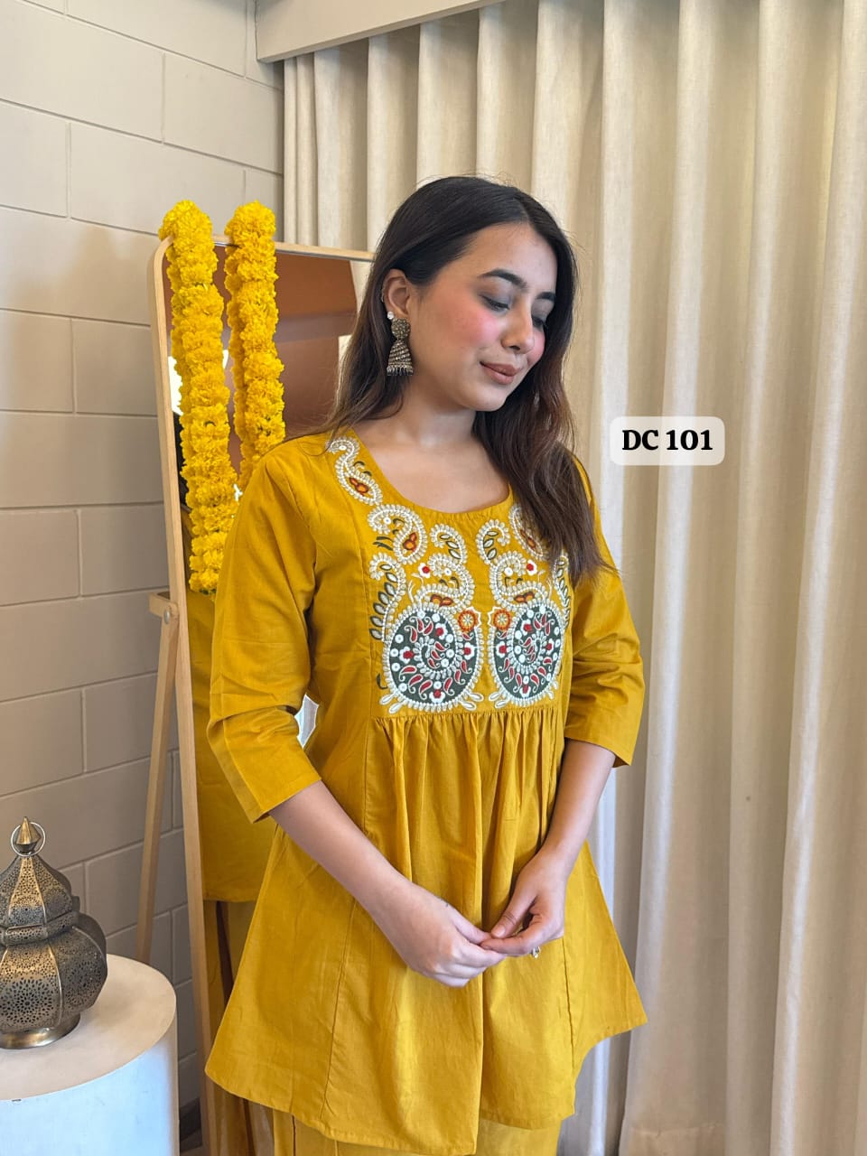 Yellow Pure Cotton Short Kurta and Palazzo Set