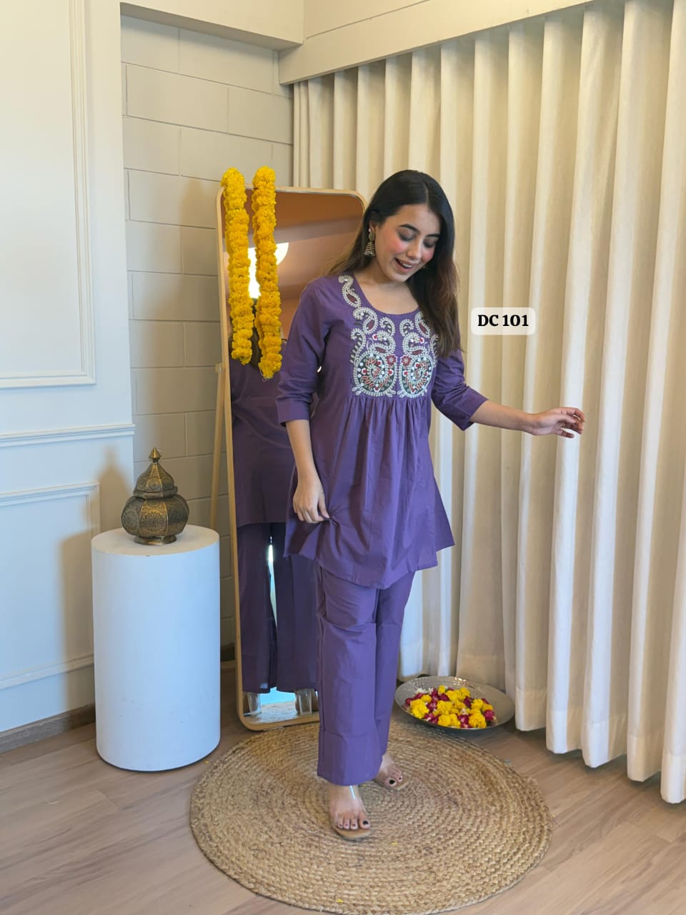 Purple Pure Cotton Short Kurta and Palazzo Set