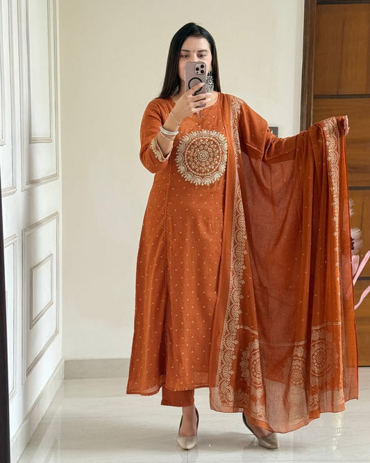 Orange Embroidered Anarkali Kurta Set with Bell Sleeves and Dupatta