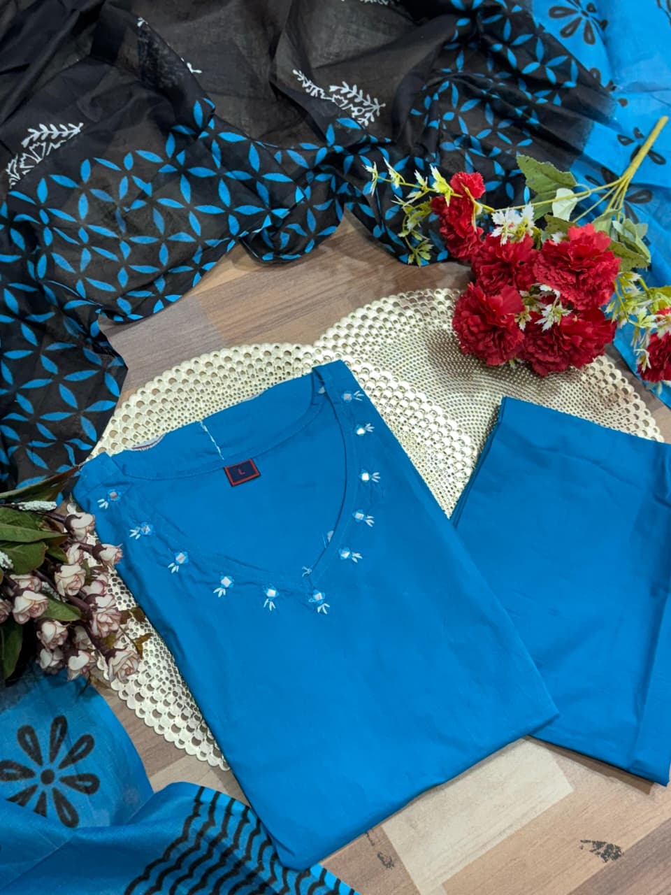 Blue Premium Dhabu Cotton Kurti Set with Applique Work & Cotton Dupatta