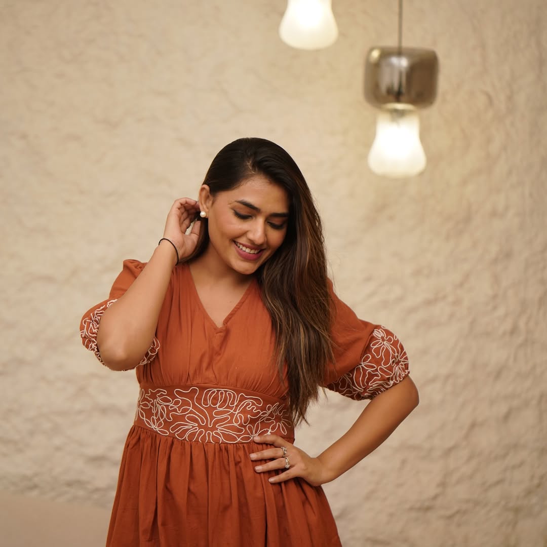 Brown Pure Cotton Gown Style Dress with Embroidery