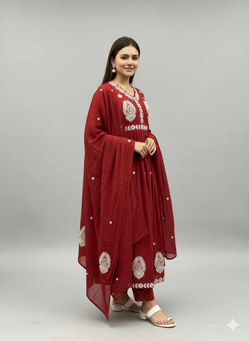 Red Terracotta Embroidered Flared Suit