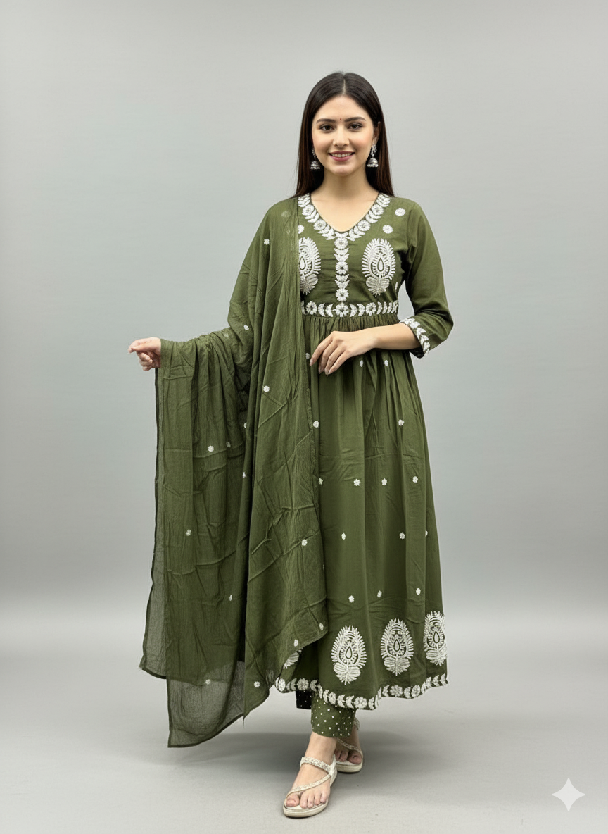 Green Terracotta Embroidered Flared Suit