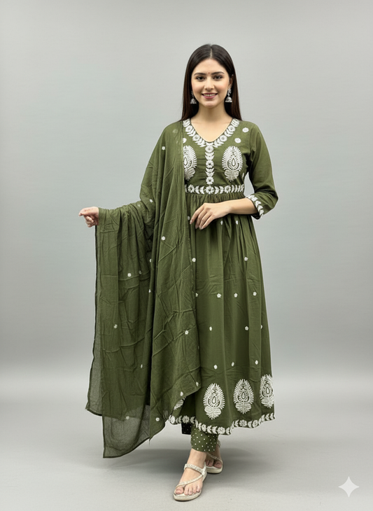 Green Terracotta Embroidered Flared Suit