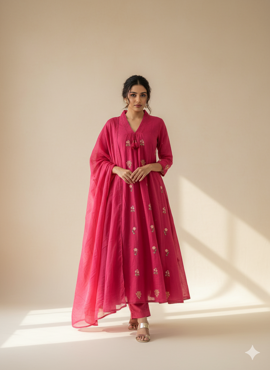 Jaipuri Trendz New Style Cotton Kurti pant and dupatta set  Embroidery Work (PINK)