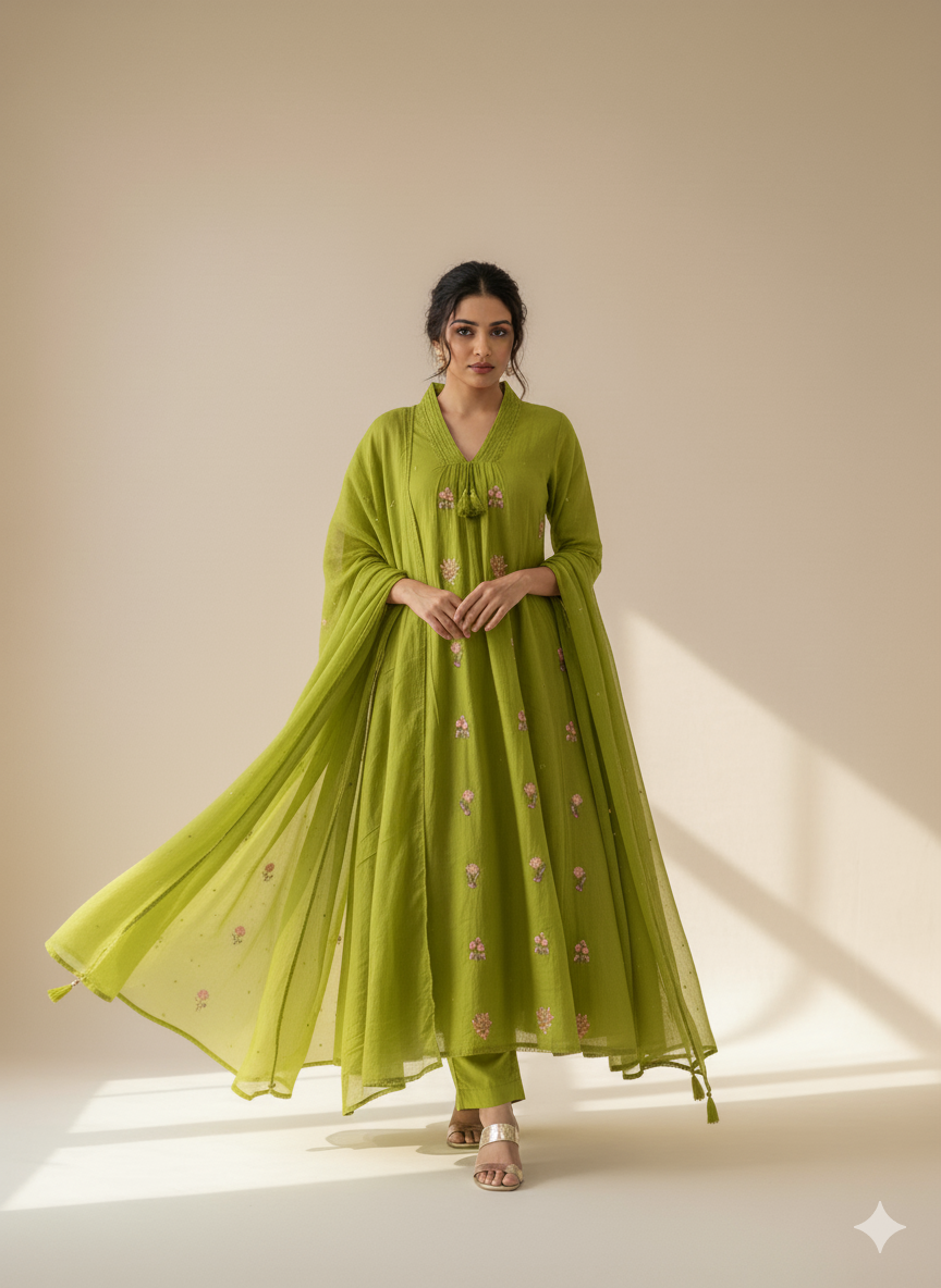 Jaipuri Trendz New Style Cotton Kurti pant and dupatta set  Embroidery Work (GREEN)