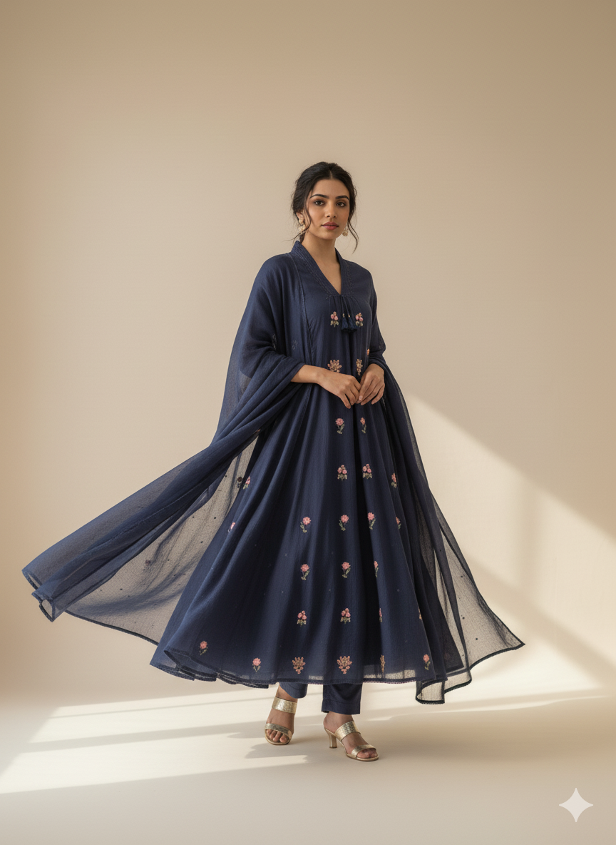 Jaipuri Trendz New Style Cotton Kurti pant and dupatta set  Embroidery Work (BLUE)