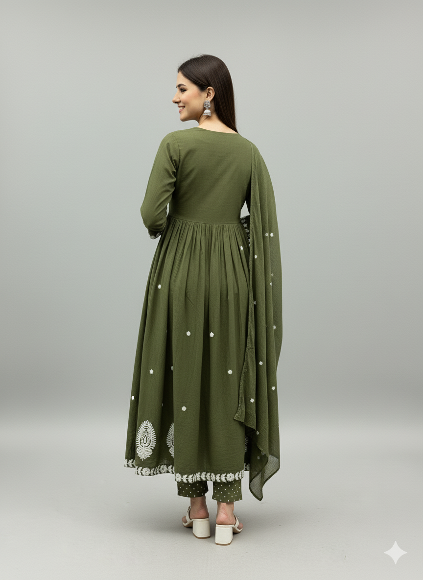 Green Terracotta Embroidered Flared Suit