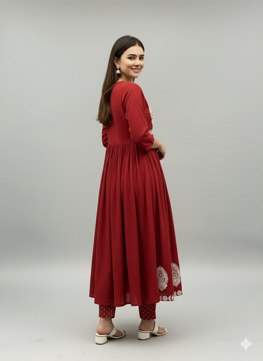 Red Terracotta Embroidered Flared Suit