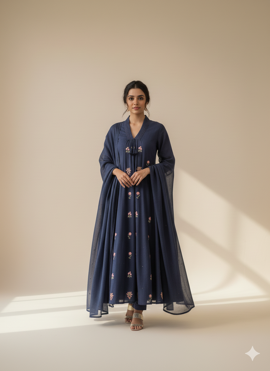 Jaipuri Trendz New Style Cotton Kurti pant and dupatta set  Embroidery Work (BLUE)