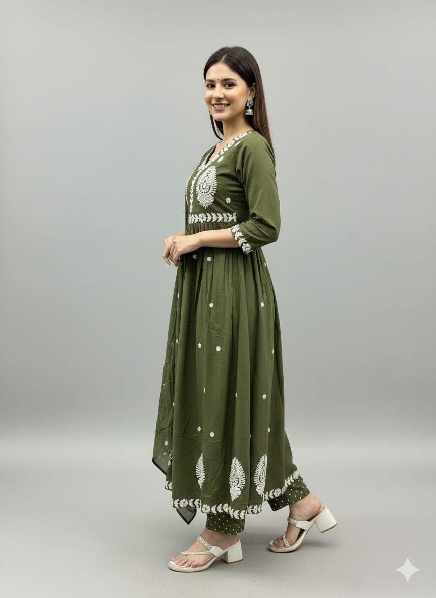 Green Terracotta Embroidered Flared Suit