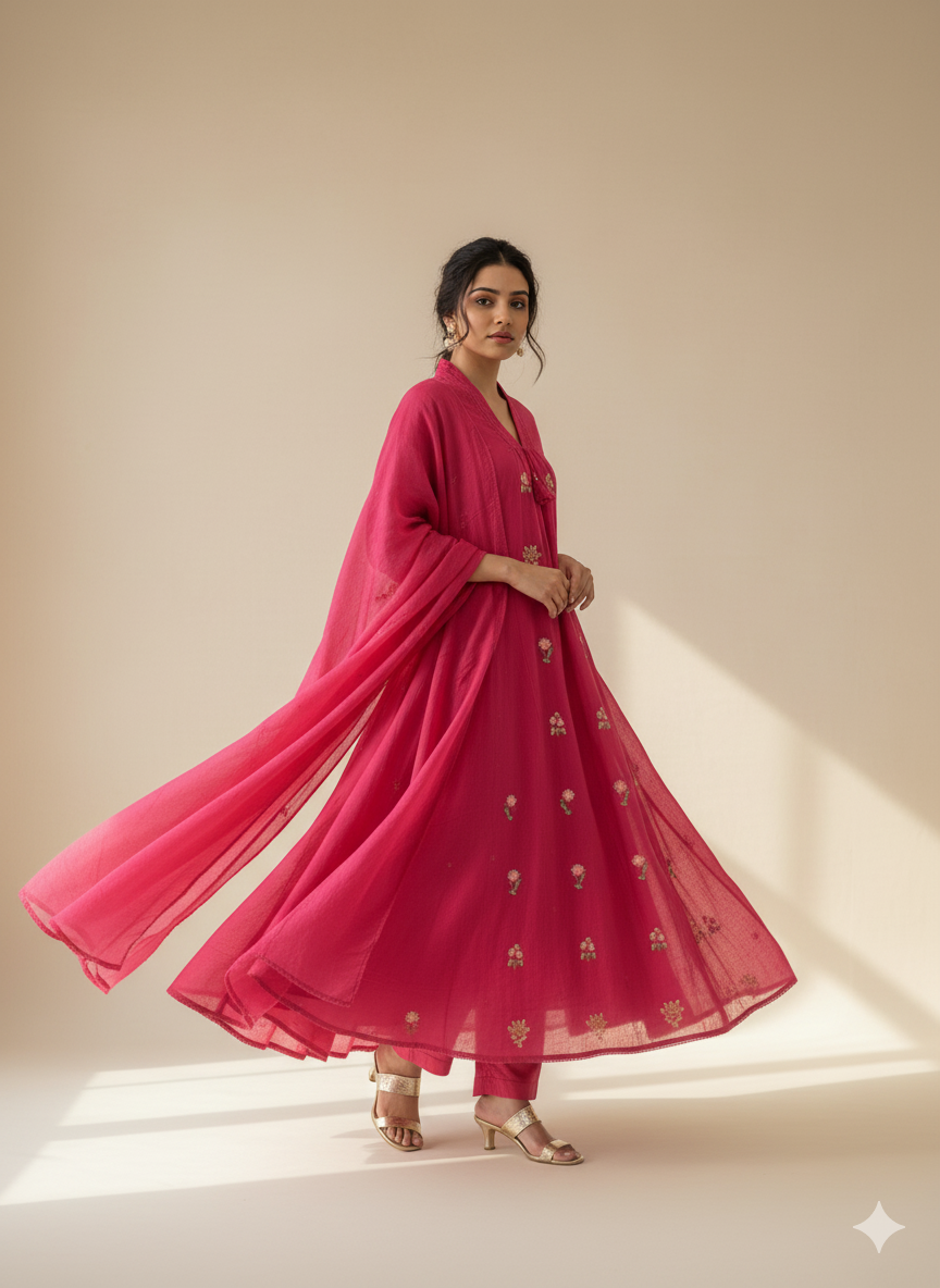 Jaipuri Trendz New Style Cotton Kurti pant and dupatta set  Embroidery Work (PINK)