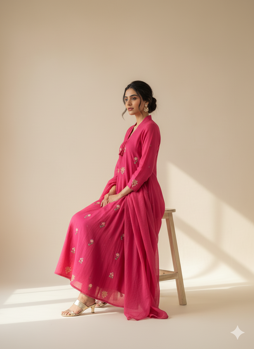 Jaipuri Trendz New Style Cotton Kurti pant and dupatta set  Embroidery Work (PINK)