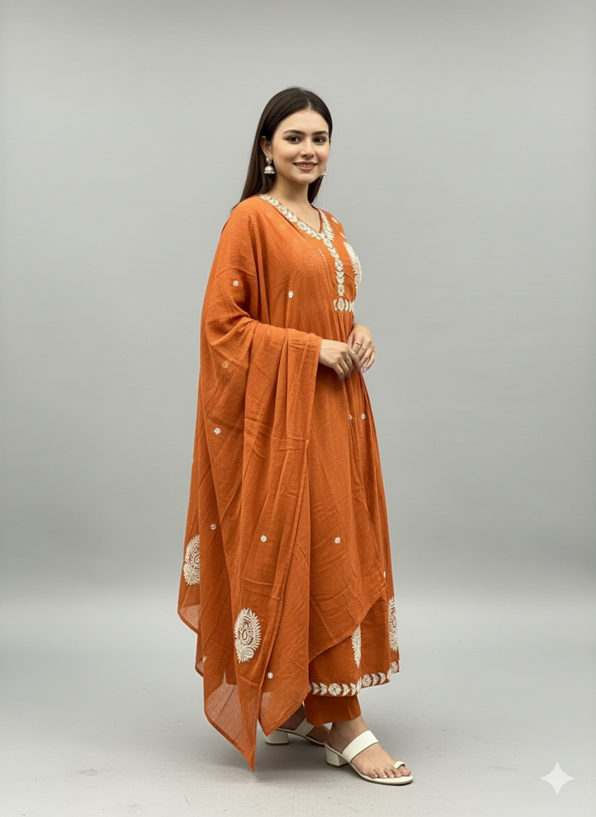Rust Terracotta Embroidered Flared Suit