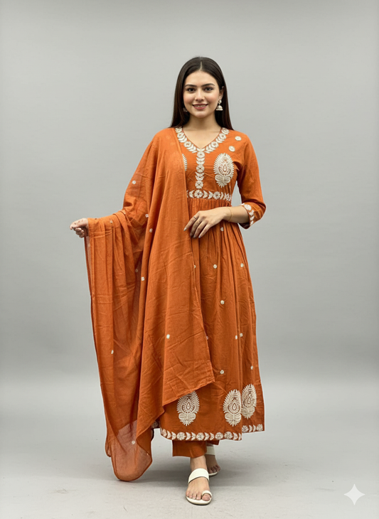 Rust Terracotta Embroidered Flared Suit