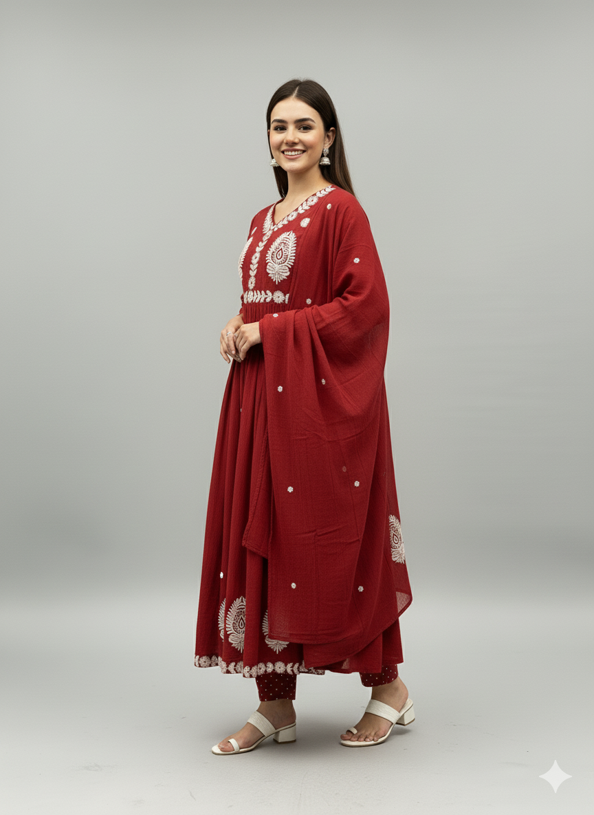 Red Terracotta Embroidered Flared Suit