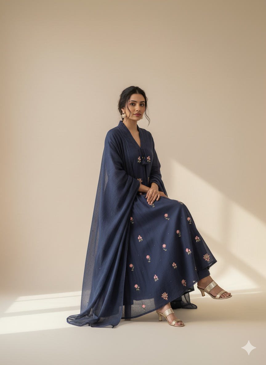 Jaipuri Trendz New Style Cotton Kurti pant and dupatta set  Embroidery Work (BLUE)