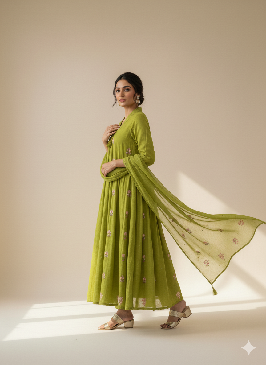 Jaipuri Trendz New Style Cotton Kurti pant and dupatta set  Embroidery Work (GREEN)