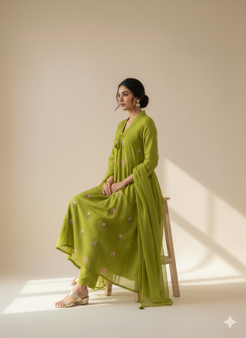 Jaipuri Trendz New Style Cotton Kurti pant and dupatta set  Embroidery Work (GREEN)