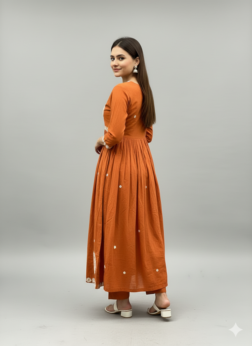 Rust Terracotta Embroidered Flared Suit