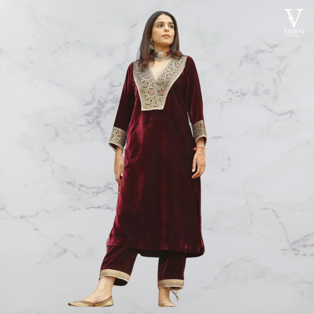 Josephine Modern Velvet With Jacquard Lace Work Suit Set