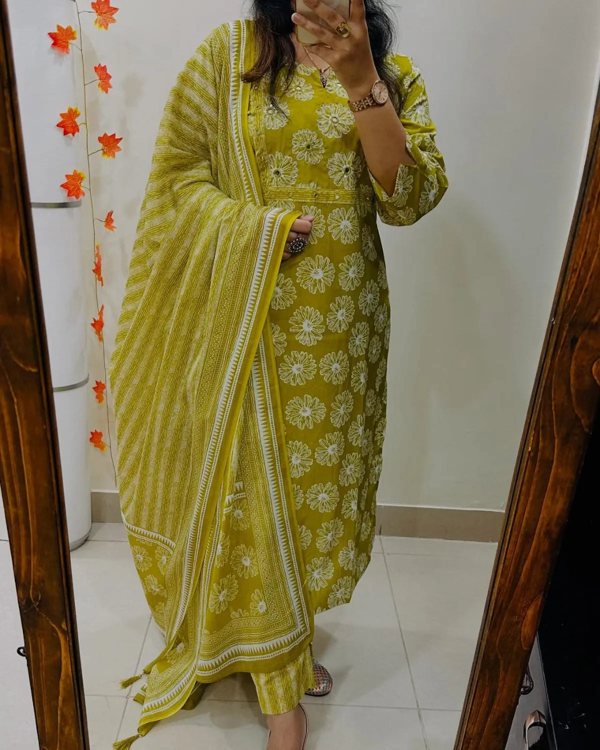 Mustard Yellow Floral Cotton Suit Set with Printed Dupatta