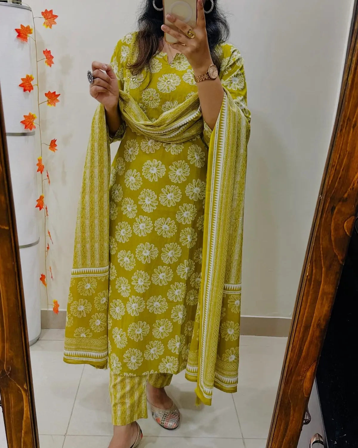 Mustard Yellow Floral Cotton Suit Set with Printed Dupatta