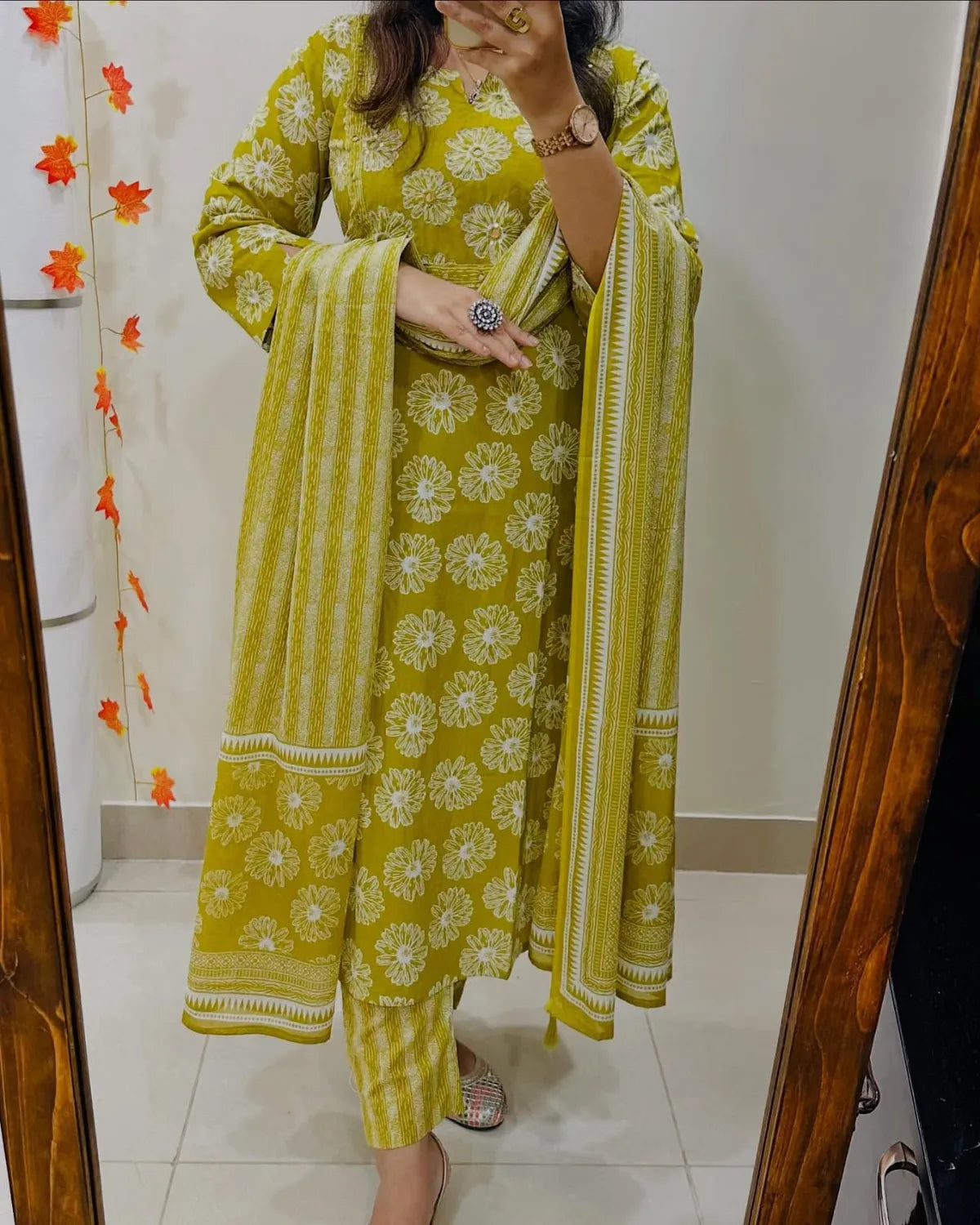 Mustard Yellow Floral Cotton Suit Set with Printed Dupatta